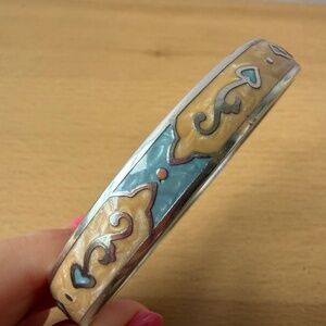 BRIGHTON BLUE BEIGE PEARLIZED ENAMEL SILVERTONE METAL BANGLE BRACELET HALLMARKED